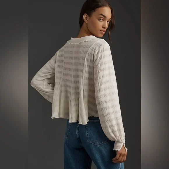 NWOT Anthropologie Long-Sleeve Button-Front Textured Blouse - Picture 2 of 12